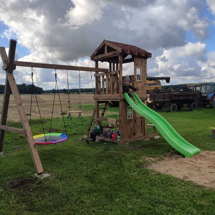 Medinis vaikų žaidimų namelis su čiuožykla ir sūpynėmis